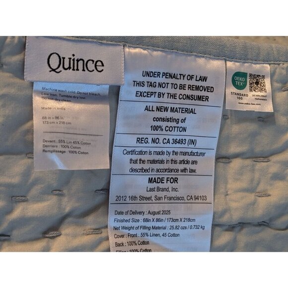 Quince European Linen Cotton Stitch Quilt 2PC Set Color Mist Size Twin -NEW- - Picture 4 of 8